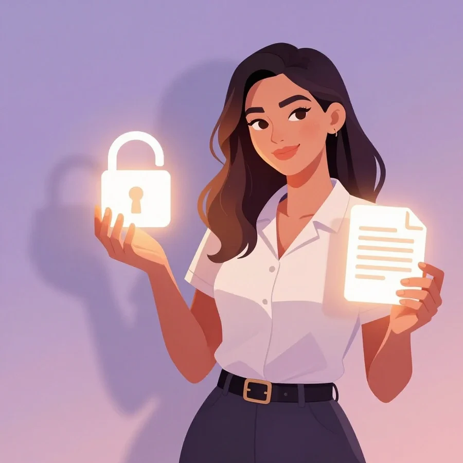 Illustration of female creator in café with floating security lock icons