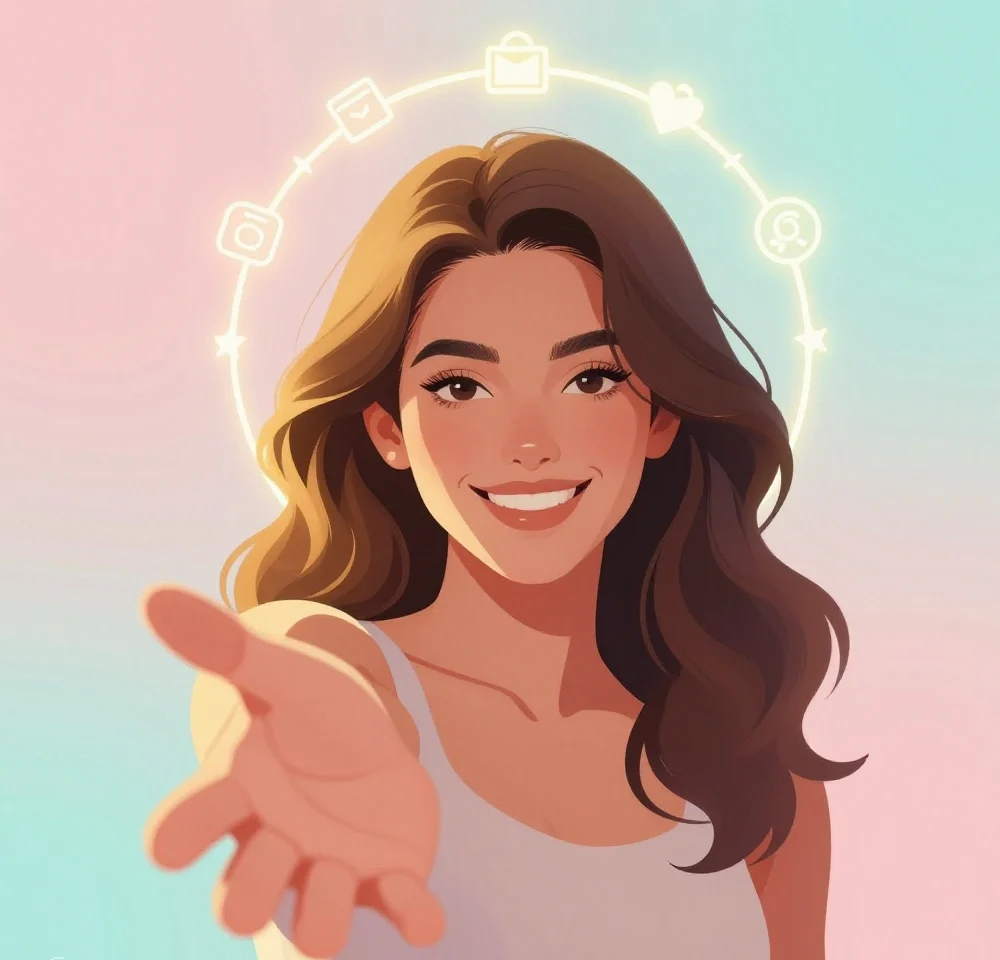 Female creator reaching forward invitingly with glowing icons illustration