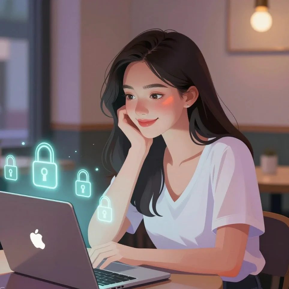 Female creator holding glowing lock and document icons illustration