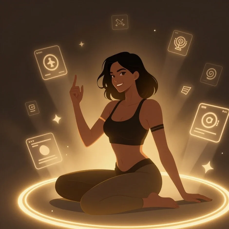 Relaxed female creator in serene pose surrounded by abstract growth shapes illustration