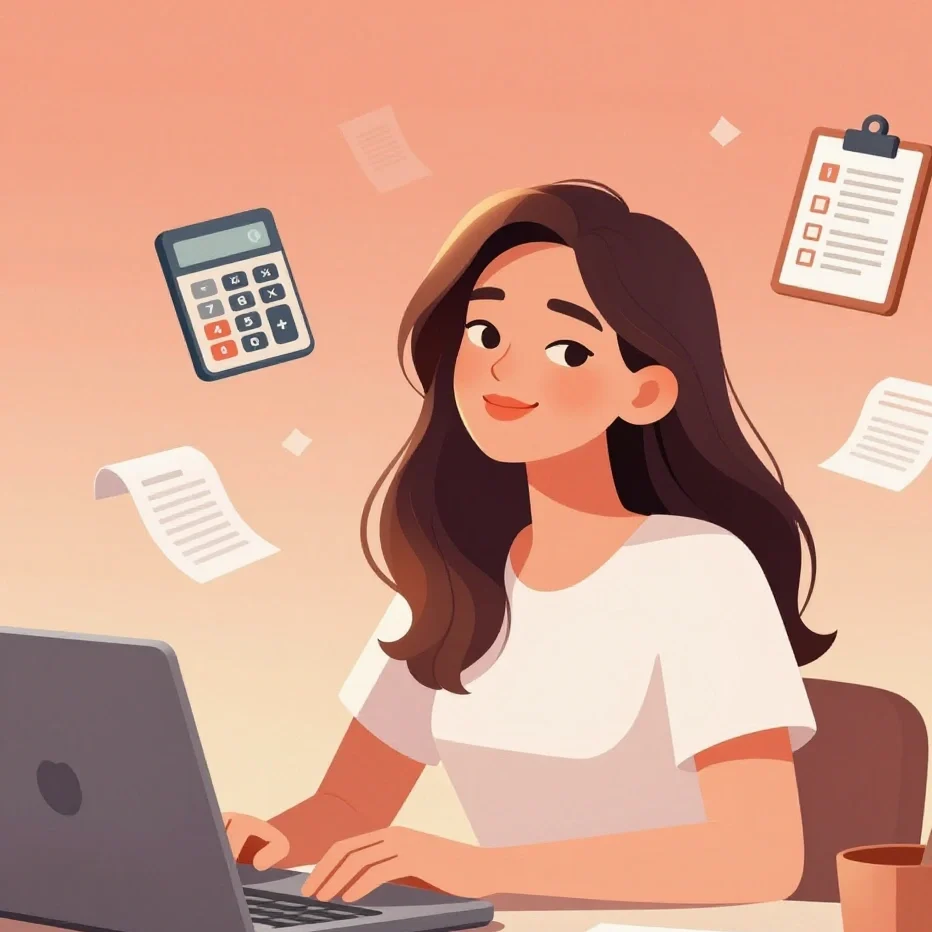 Illustration of female creator surrounded by tax icons and calculator