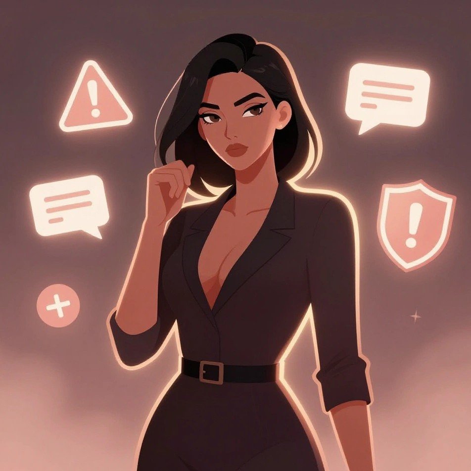 Illustration of female creator reviewing client messages with green yellow red flags