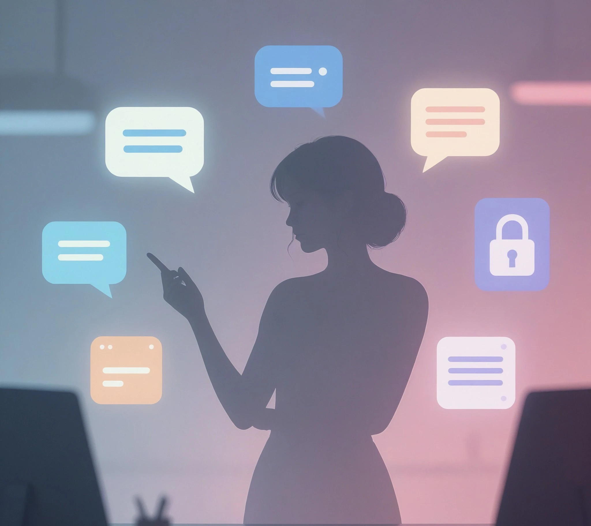 Female creator at laptop surrounded by glowing workflow icons illustration